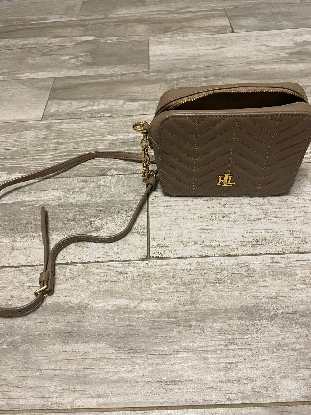 Ralph Lauren Quilted Taupe Crossbody with Gold RL Accent